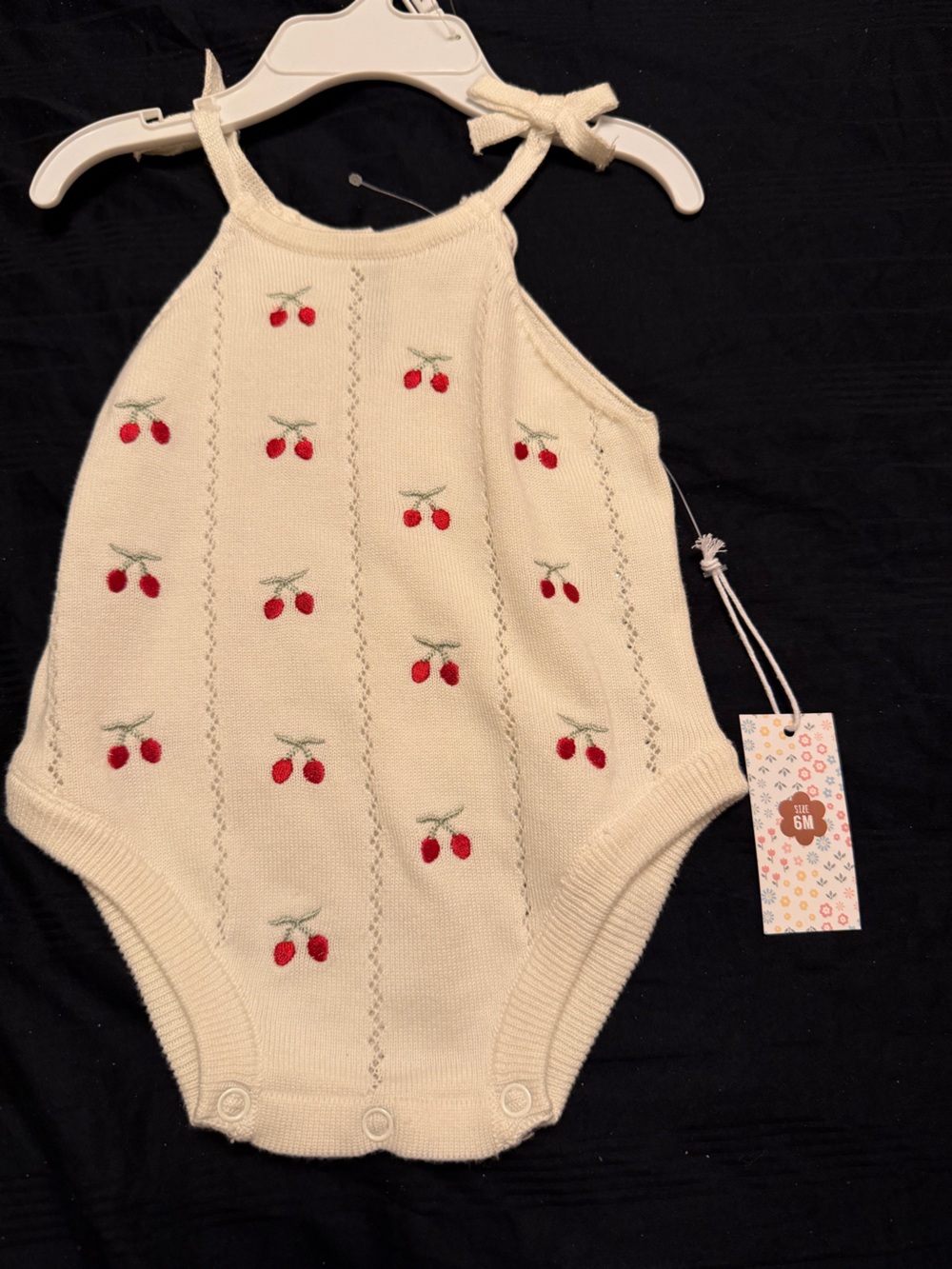 Cream Knit Cherry-Embroidered Baby One-Piece Romper by Between